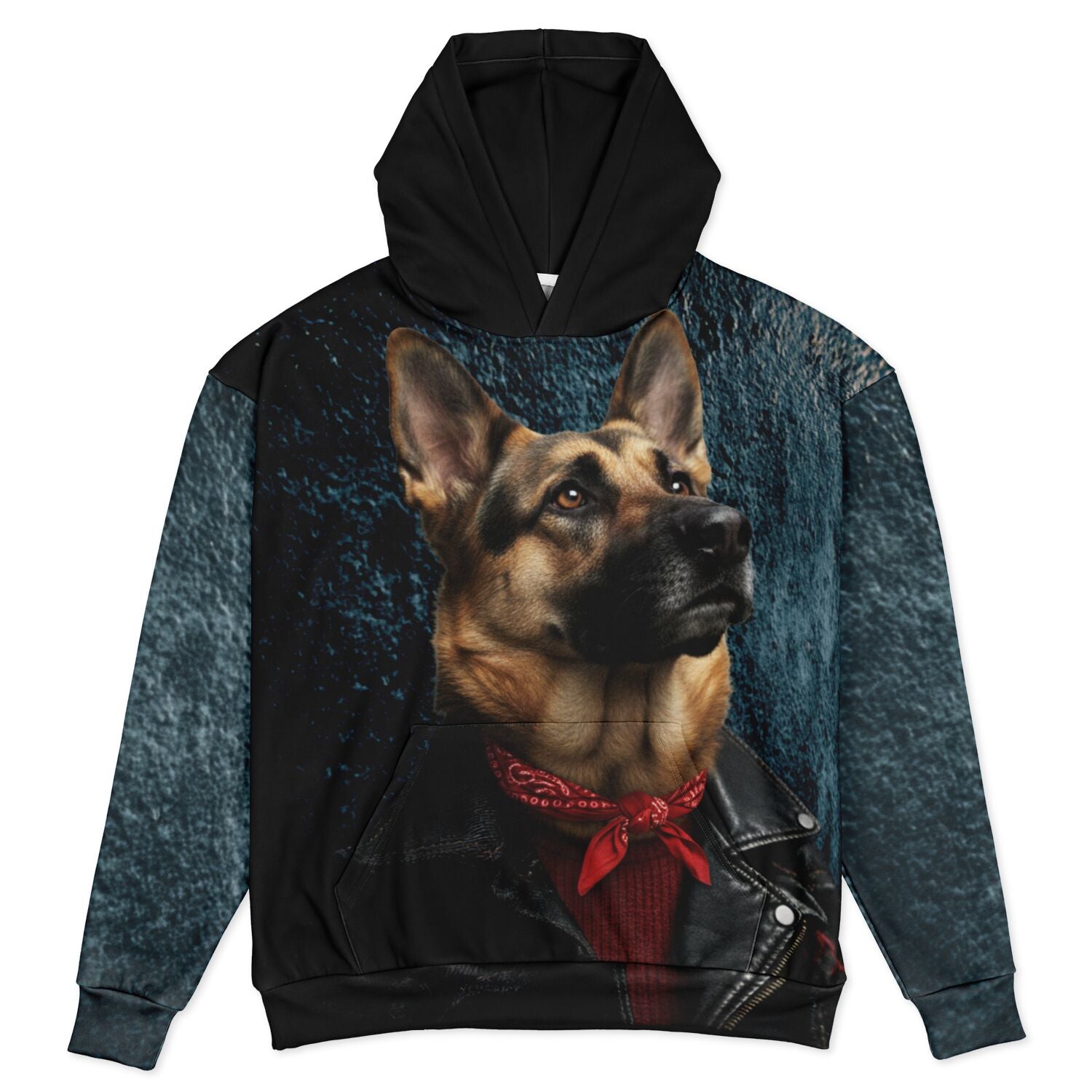 Hoodie with a dog graphic design on a white background