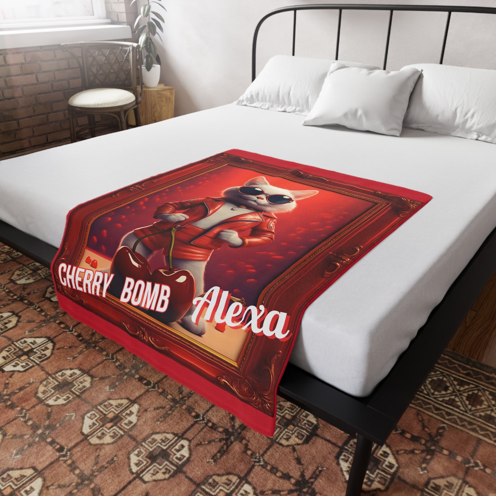 Cherry Bomb Cat Blanket – Plush Fleece Throw Featuring Alexa, Bold Red Retro Decor, Cozy Gift for Cat Lovers, Funny Cat Home Vibe
