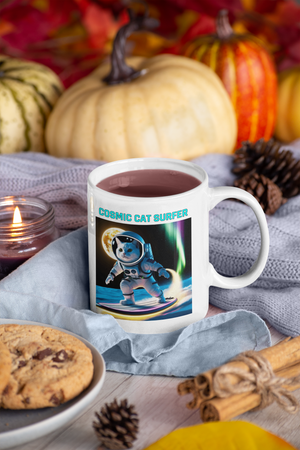 Cosmic Cat Surfer Mug | 11oz Coffee Cup for Cat Lovers & Space Fans