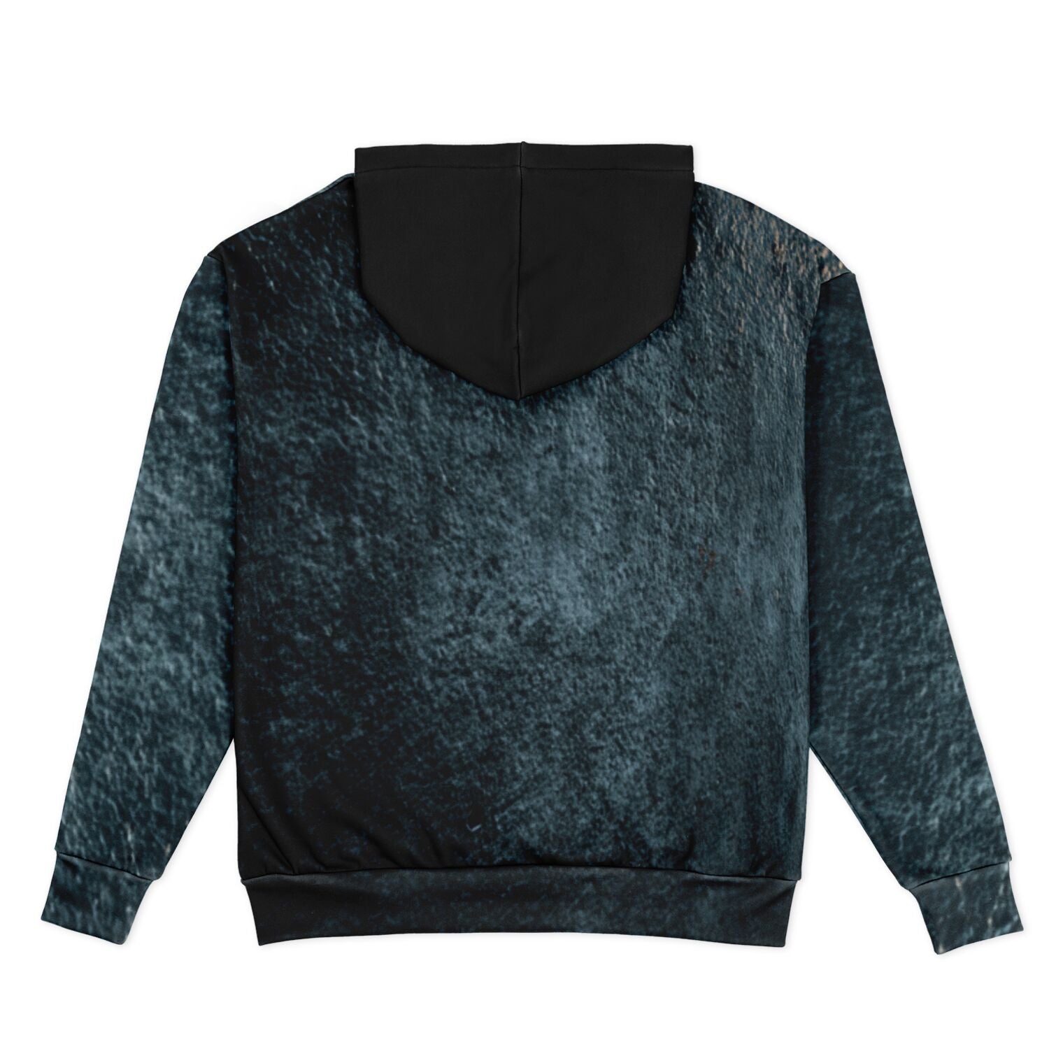 Back view of a textured hoodie with black hood on a white background