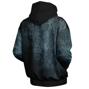 Black hoodie with a textured pattern on a white background