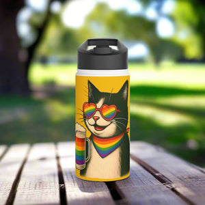 Tumbler with a cat design wearing rainbow sunglasses and a bandana, on a white background