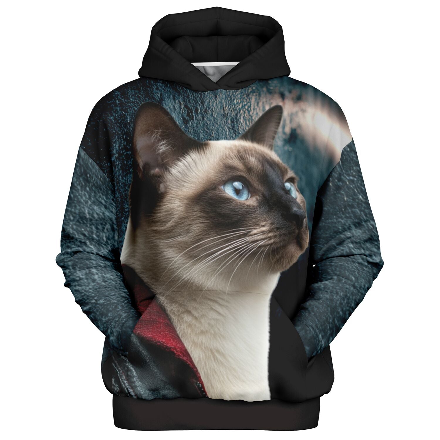 Hoodie with a Siamese cat design on a white background