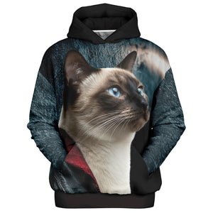 Hoodie with a Siamese cat design on a white background