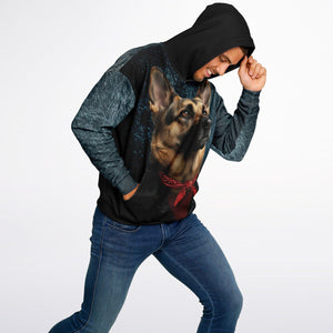 Person wearing a hoodie with a dog design on a plain background