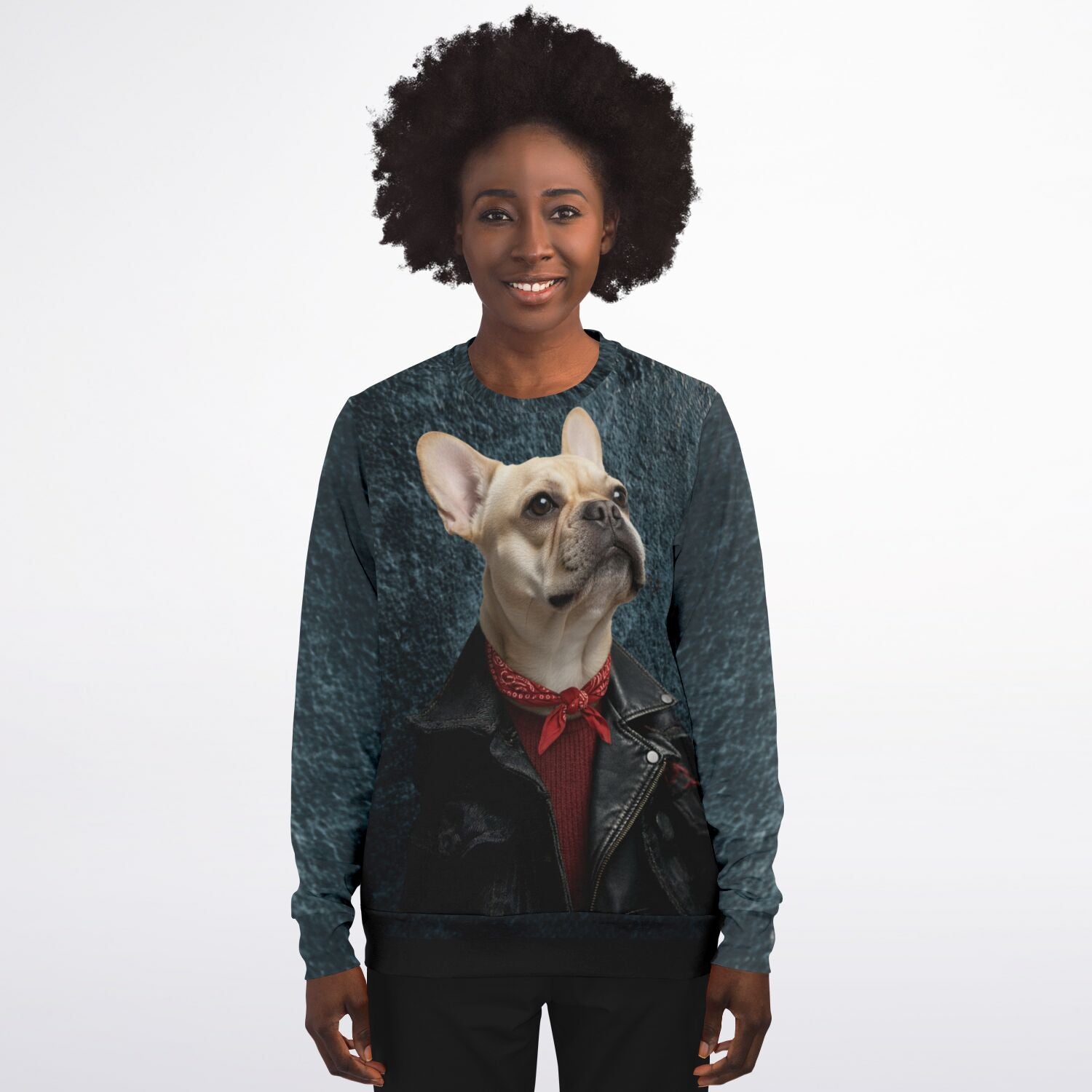 Person wearing a sweatshirt with a dog graphic on a white background
