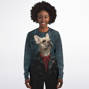 Person wearing a sweatshirt with a dog graphic on a white background