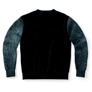 Black sweatshirt with blue sleeves on a white background