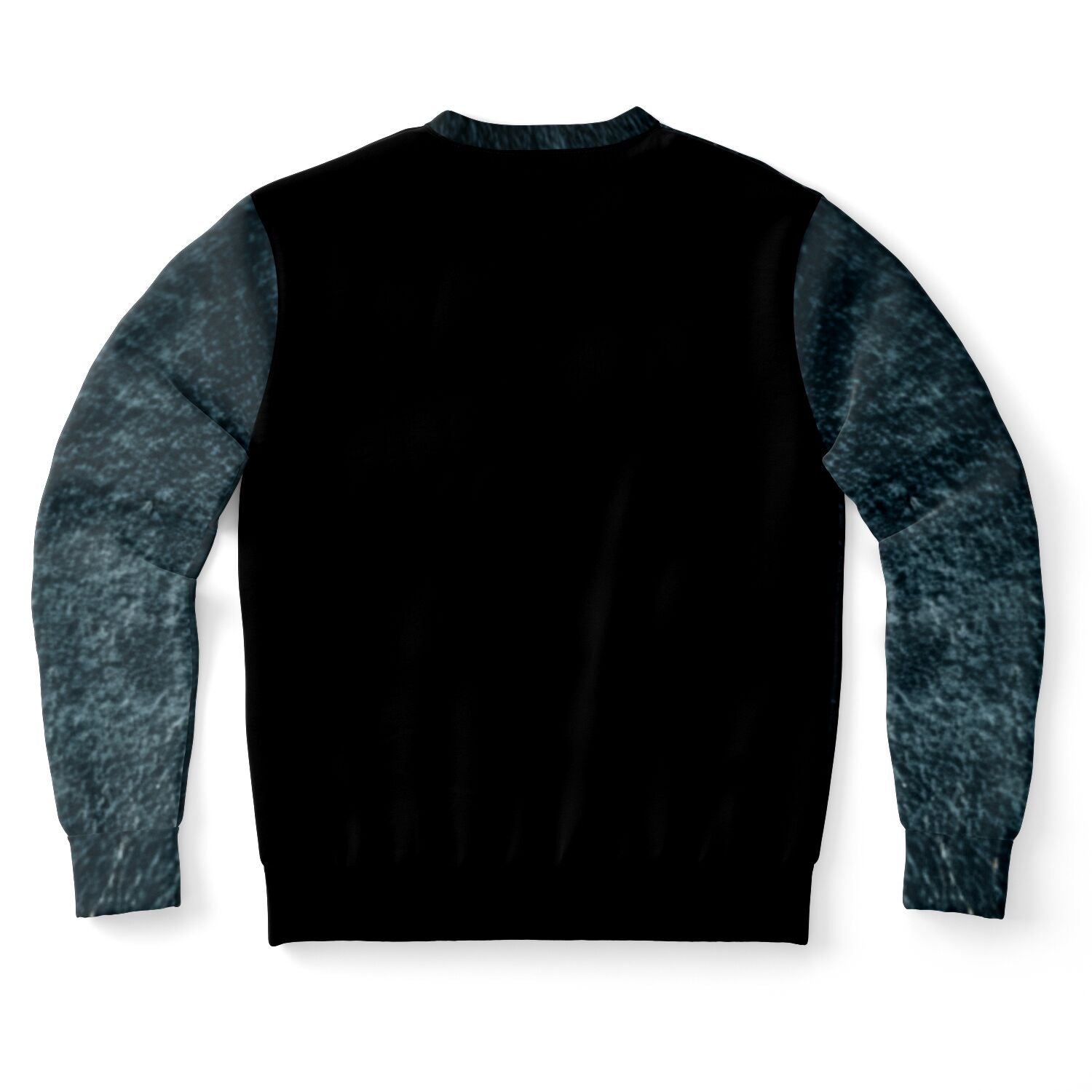 Black sweater with blue sleeves on a white background