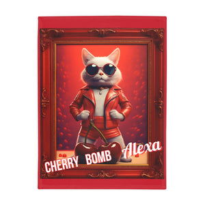 Cherry Bomb Cat Blanket – Plush Fleece Throw Featuring Alexa, Bold Red Retro Decor, Cozy Gift for Cat Lovers, Funny Cat Home Vibe