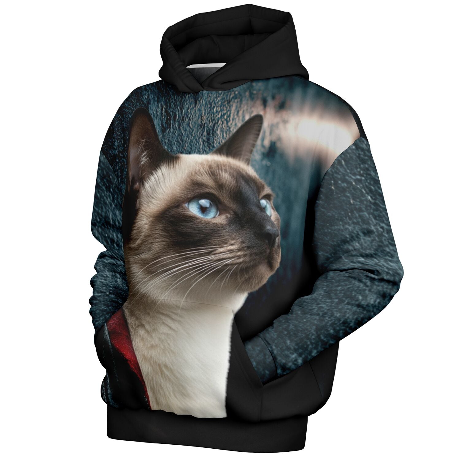 Hoodie with a Siamese cat design on a white background