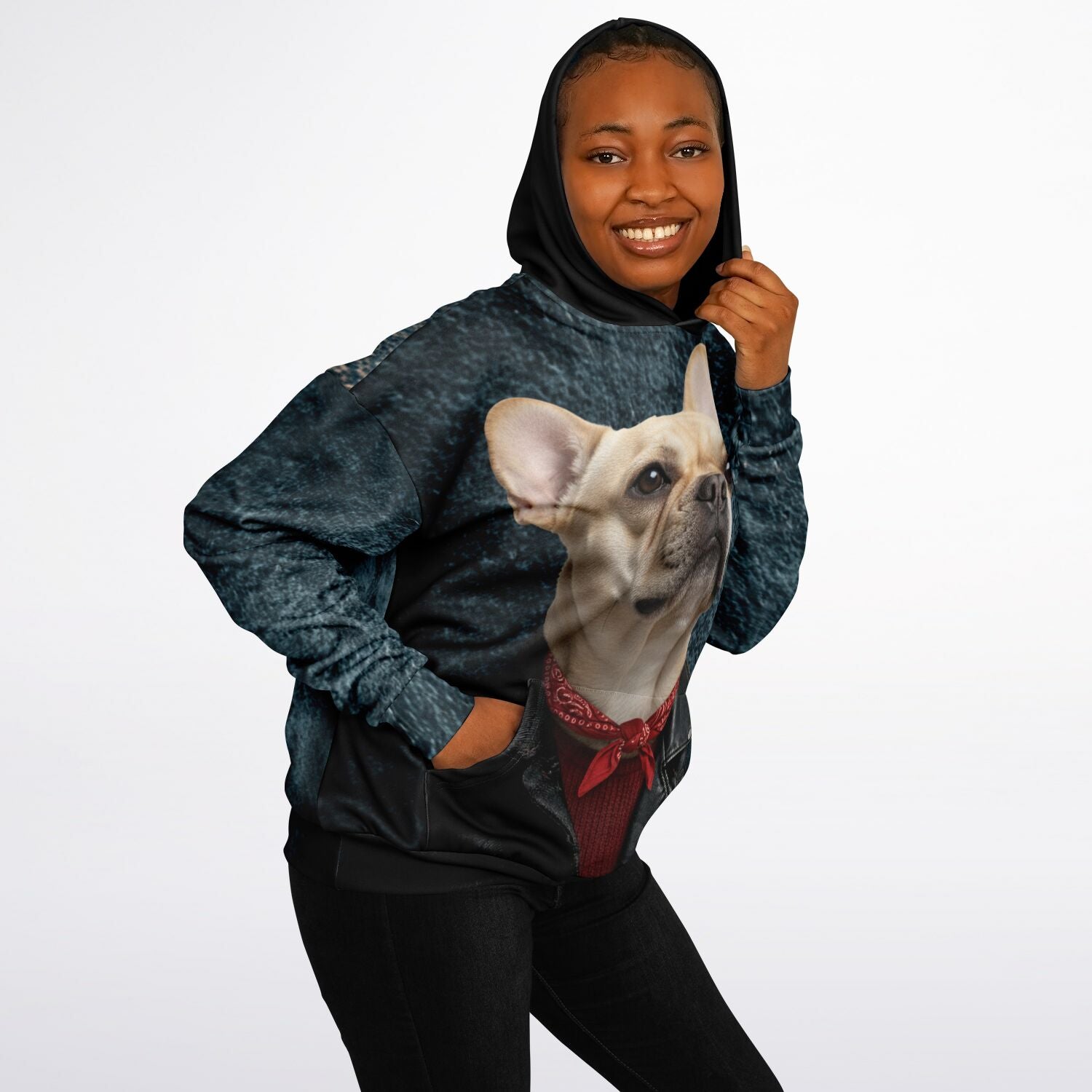 Person wearing a hoodie with a dog graphic on a white background