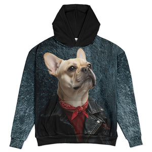 Hoodie with a dog wearing a leather jacket and red tie design on a white background