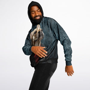 Person wearing a hoodie with a dog design on a white background