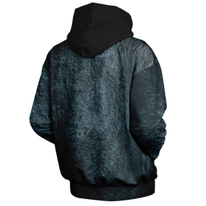 Black hoodie with a textured pattern on a white background