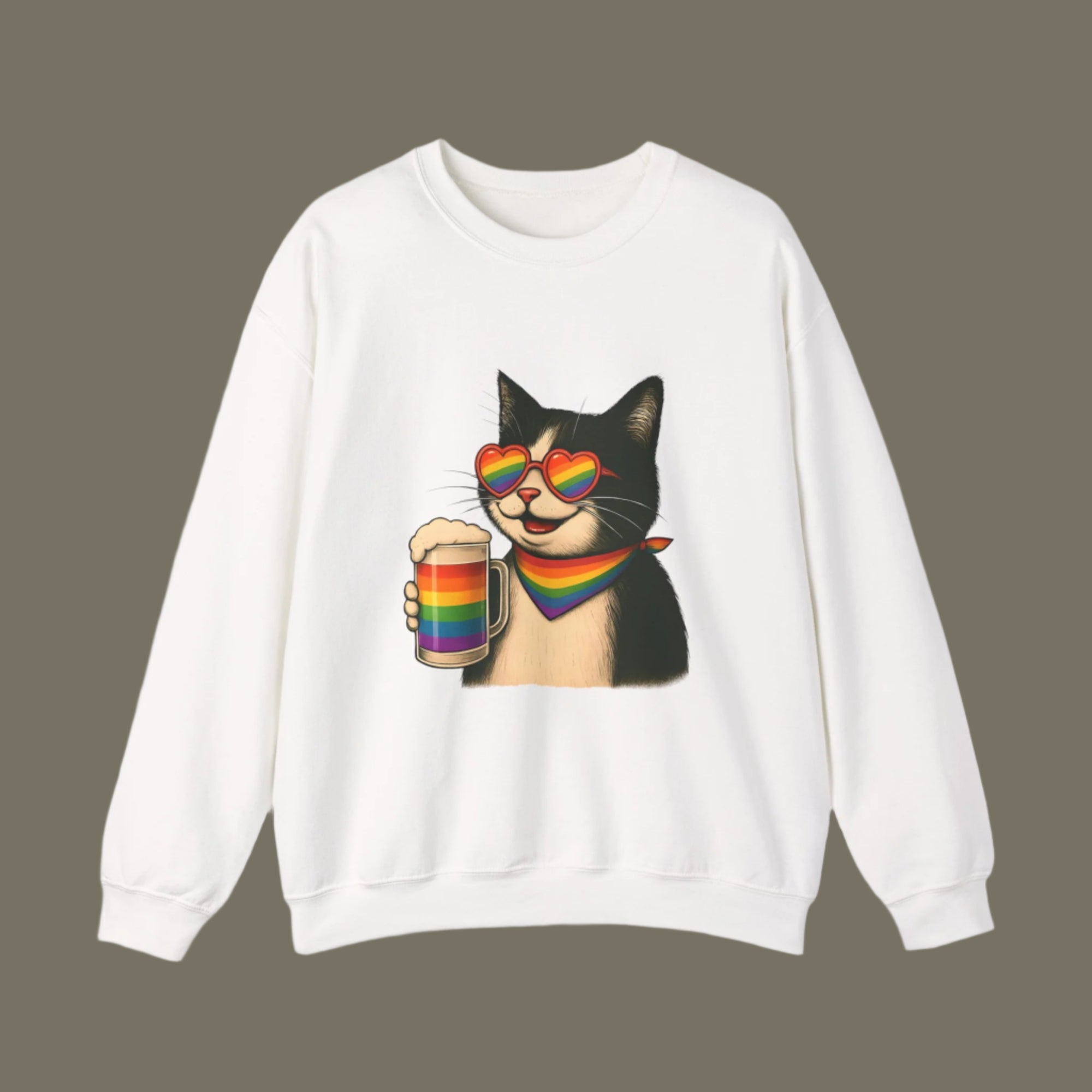 White sweatshirt with a cat holding a rainbow flag design on a white background
