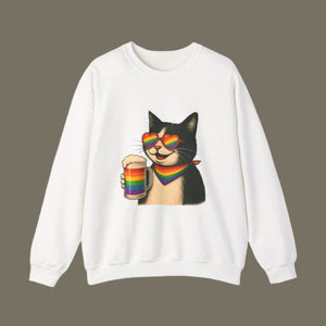 White sweatshirt with a cat holding a rainbow flag design on a white background