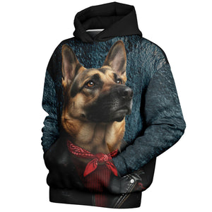 Hoodie with a dog's face printed on it against a white background