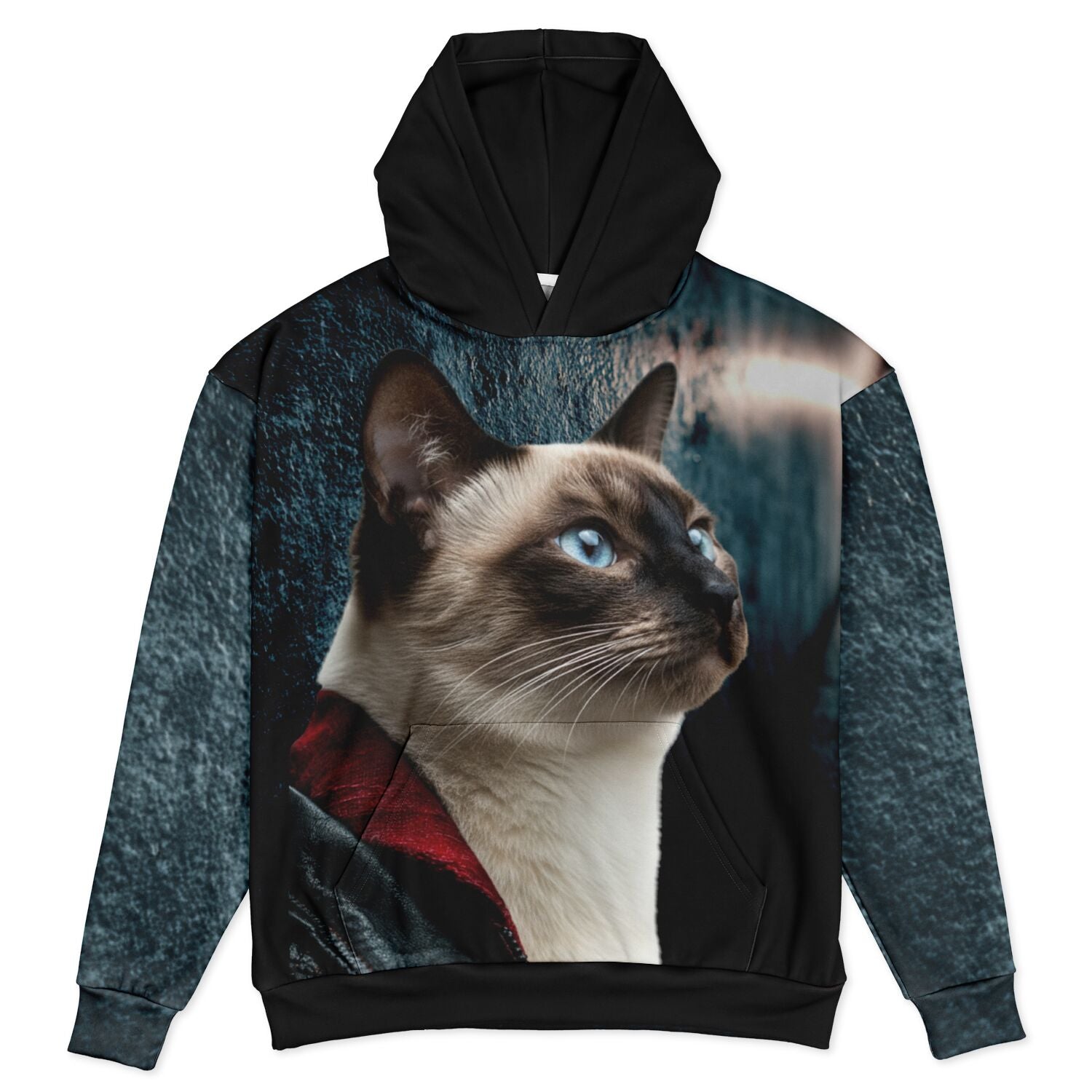 Hoodie with a Siamese cat design on a white background