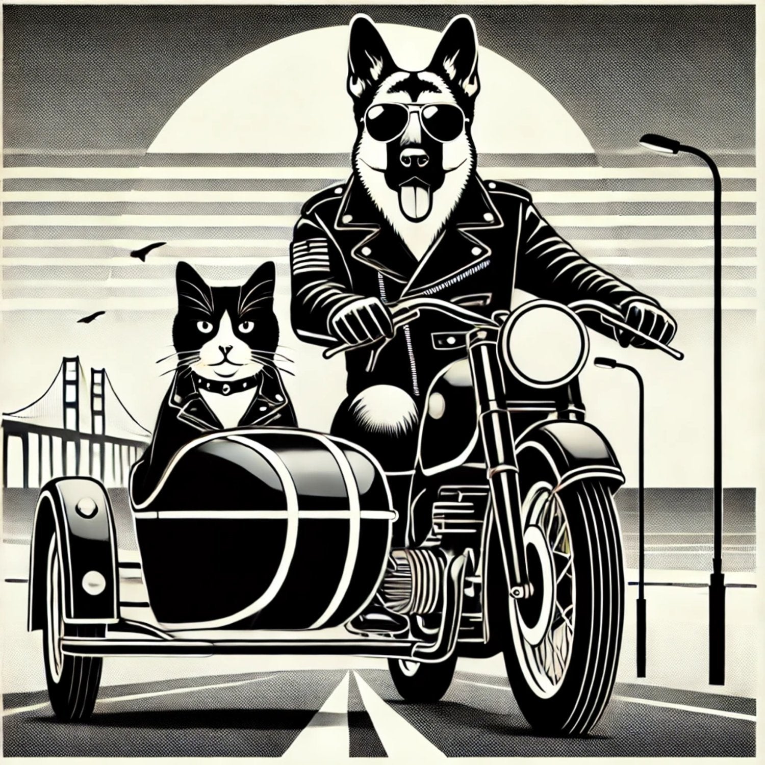 Ride or Cry – Biker Cat & Dog Digital Wall Art | Retro Duo on the Road