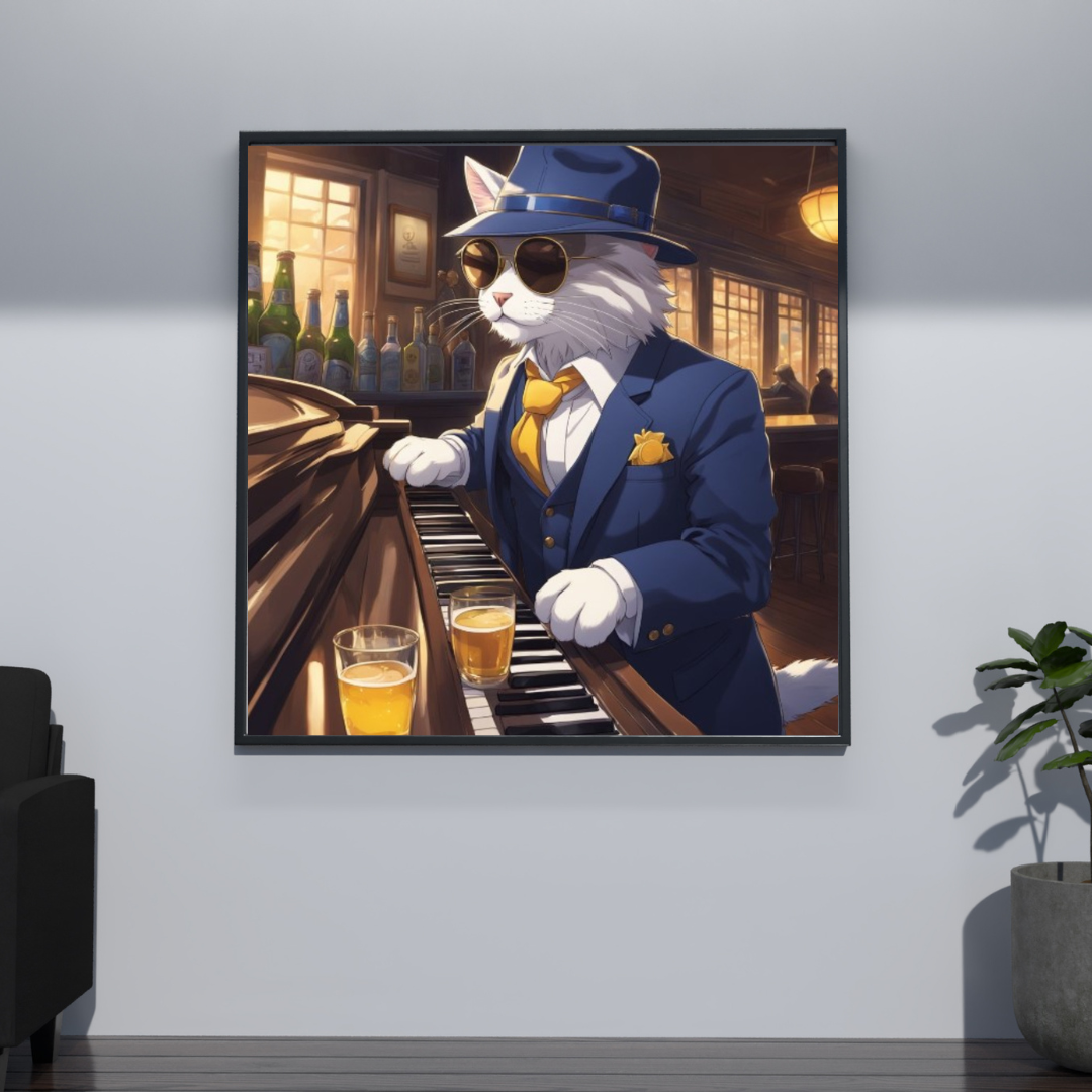 Cool Cat at the Piano – Jazz Bar Digital Wall Art | Sophisticated Cat Decor