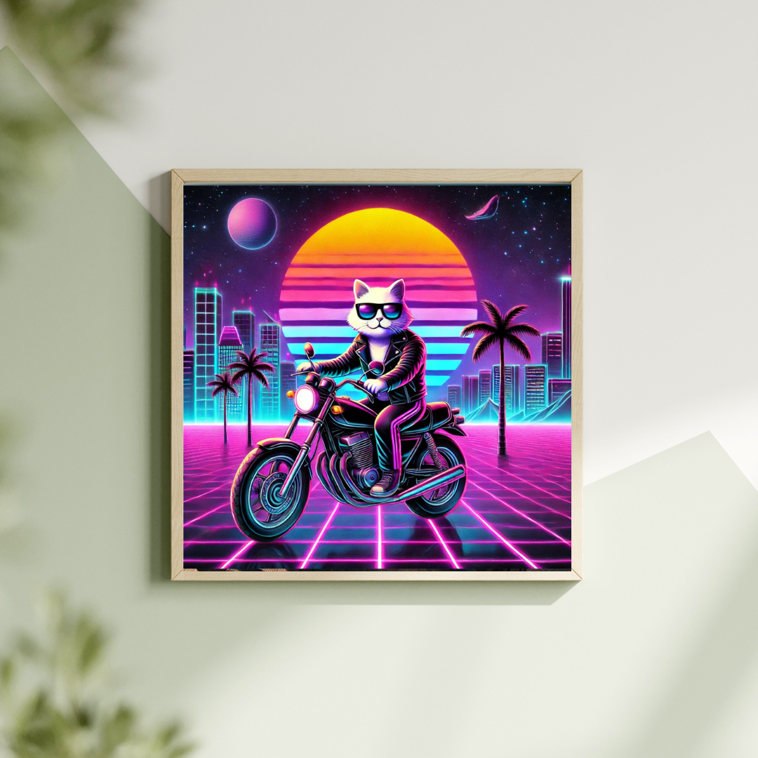 Fast Lane, Faster Attitude – Retro Biker Cat Digital Art Print