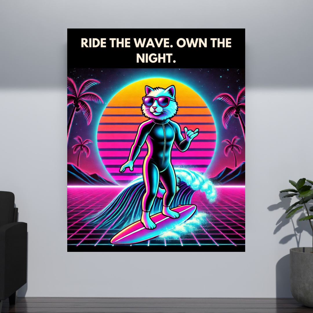 Ride the Wave, Own the Night – Neon Surfer Cat Digital Art