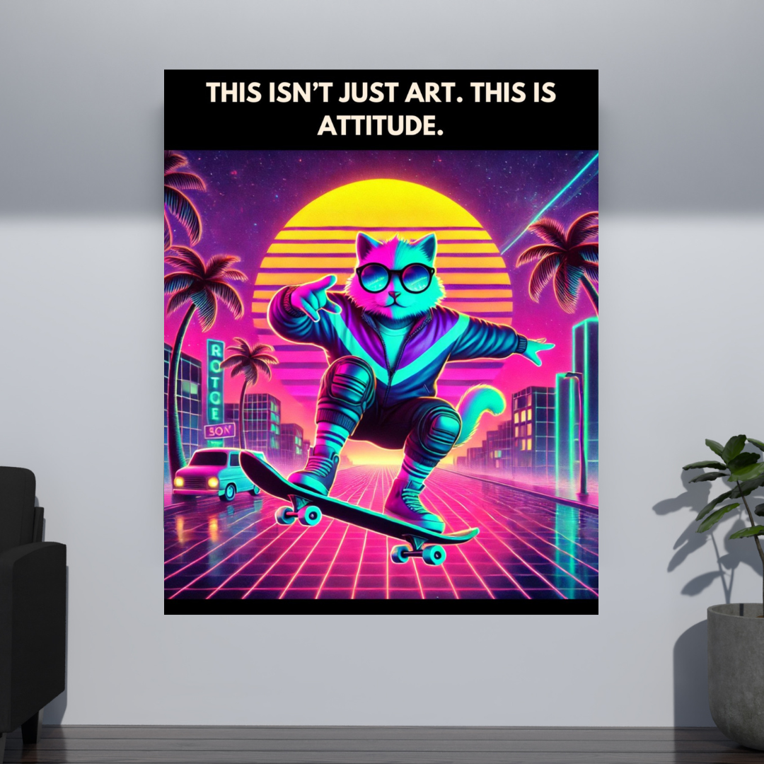 Skater Cat Attitude – Retro Neon Digital Wall Art Download