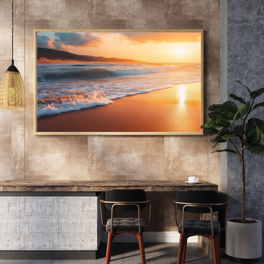 Framed coastal wall art of a golden beach sunset with gentle waves, showcased in a modern interior with earthy tones, a potted plant, and a rustic wood-and-stone desk