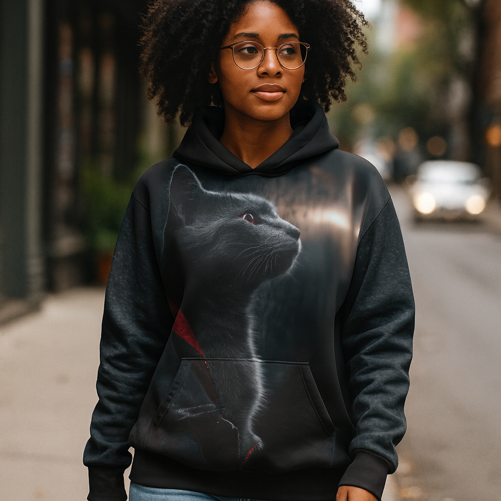 Person wearing a black hoodie with a cat design on a city street