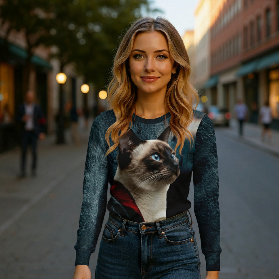 Woman wearing a sweater with a cat design on a city street