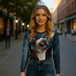 Woman wearing a sweater with a cat design on a city street