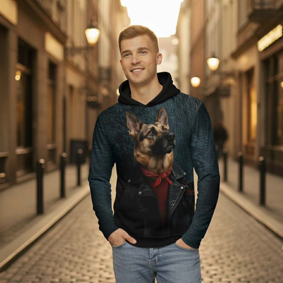 Man wearing a hoodie with a dog design on a city street