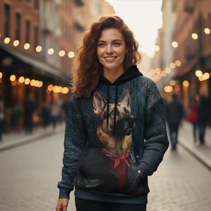 Woman wearing a hoodie with a dog design on a city street