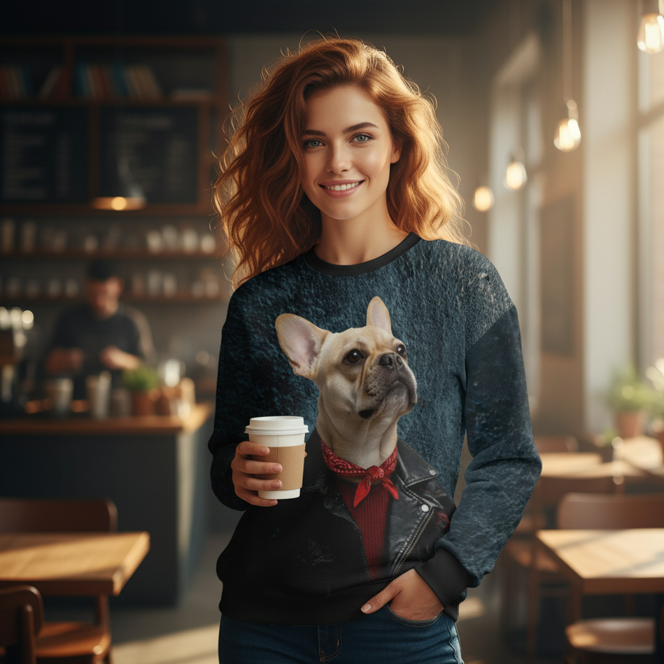 Woman holding a coffee cup in a cozy cafe with a dog design on her sweater