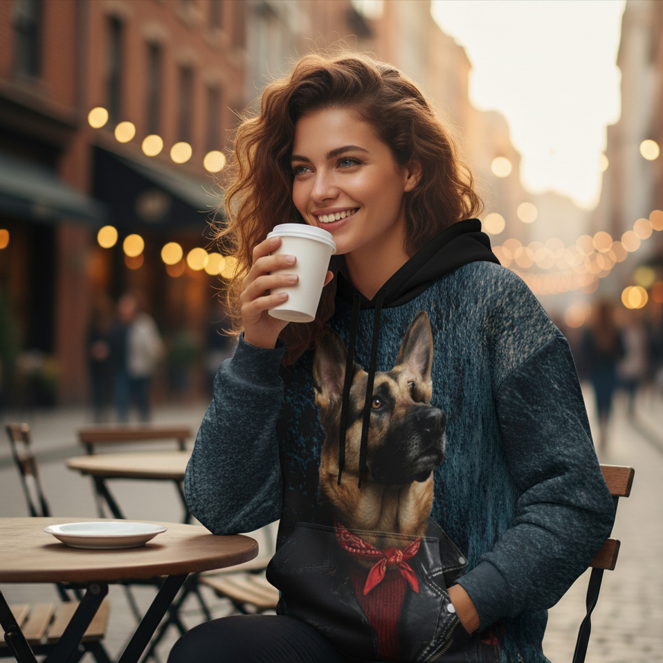 Woman sitting outdoors holding a coffee cup, wearing a hoodie with a dog design.