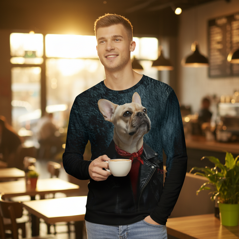 Man in a coffee shop wearing a sweater with a dog design, holding a cup.