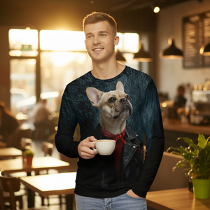 Man in a coffee shop wearing a sweater with a dog design, holding a cup.