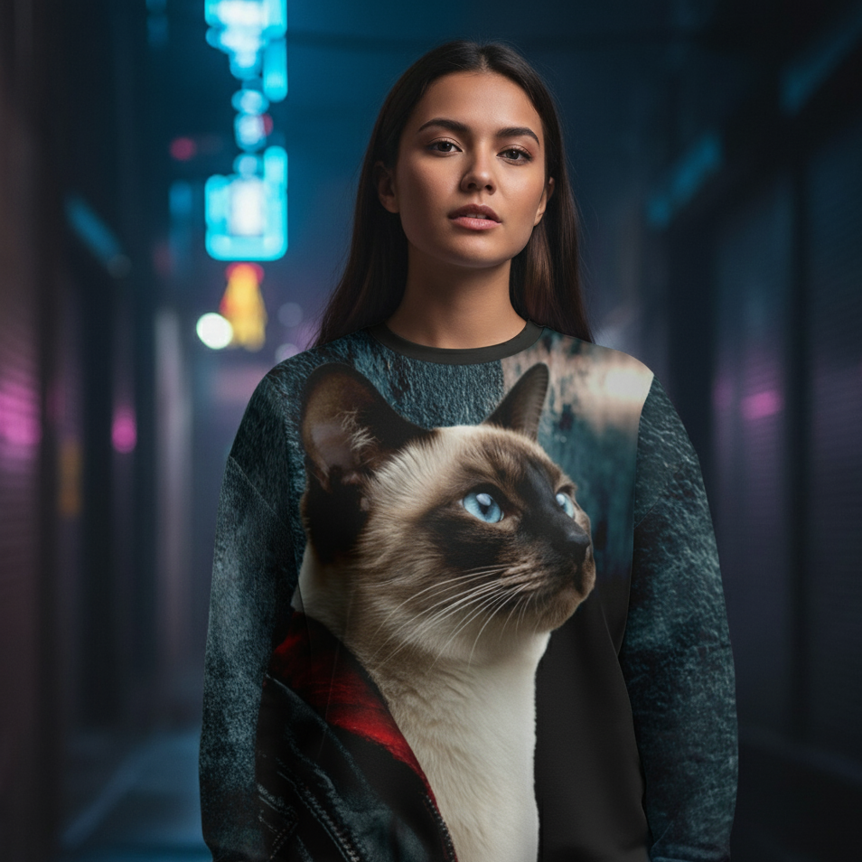 Person wearing a sweater with a cat design in a neon-lit urban setting