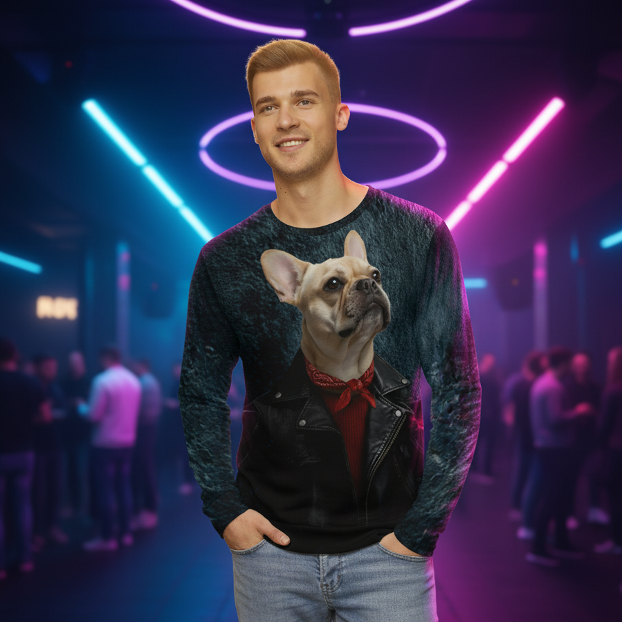Man wearing a sweater with a dog graphic in a neon-lit club setting