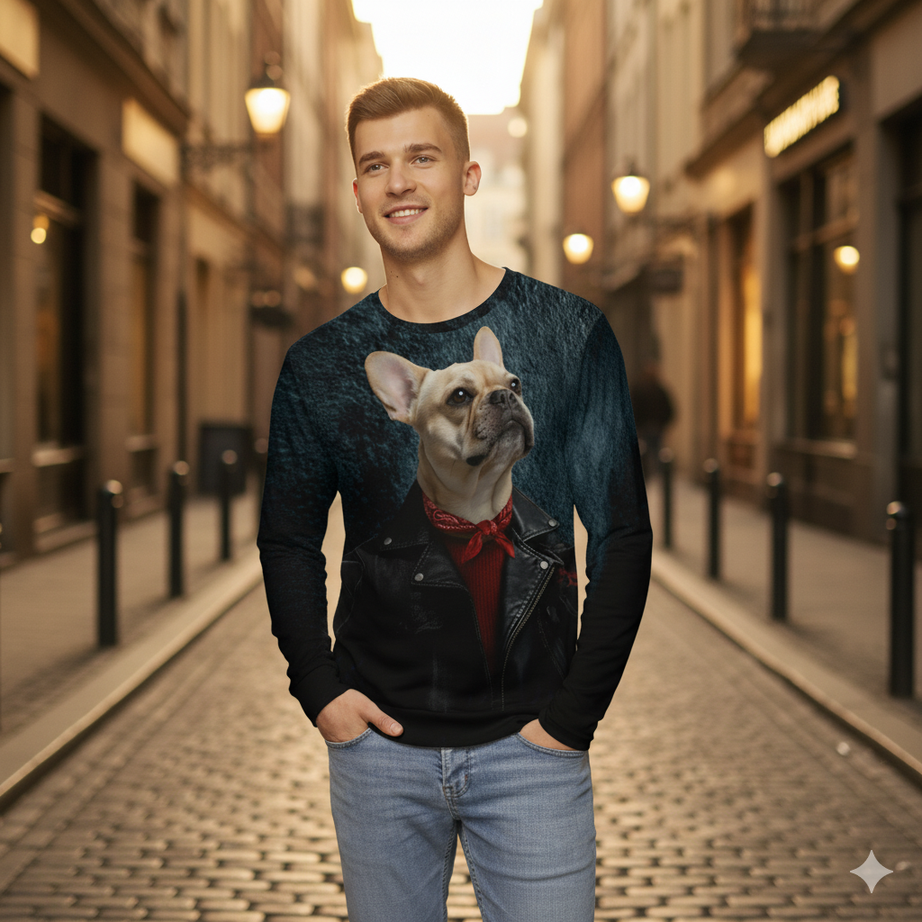 Man wearing a sweater with a dog design on a city street