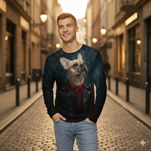 Man wearing a sweater with a dog design on a city street