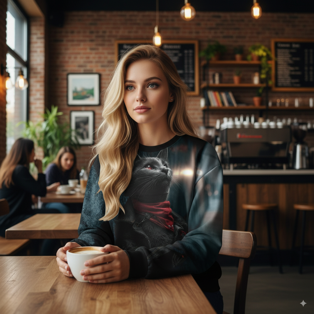 Woman sitting at a table in a cozy cafe holding a cup.