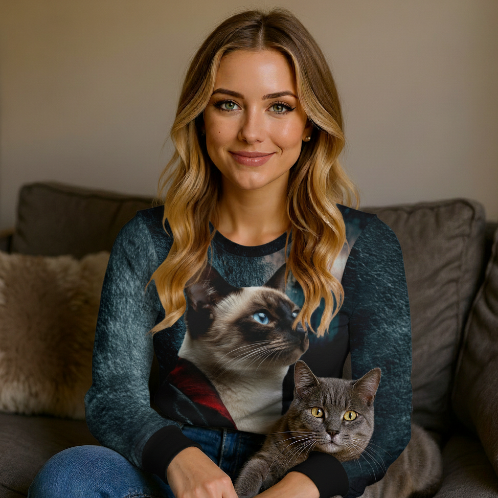Woman wearing a sweater with a cat design, sitting on a couch with a real cat.