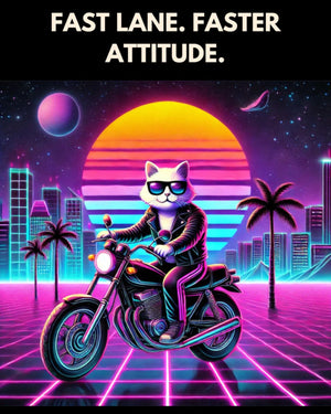 Fast Lane, Faster Attitude – Retro Biker Cat Digital Art Print