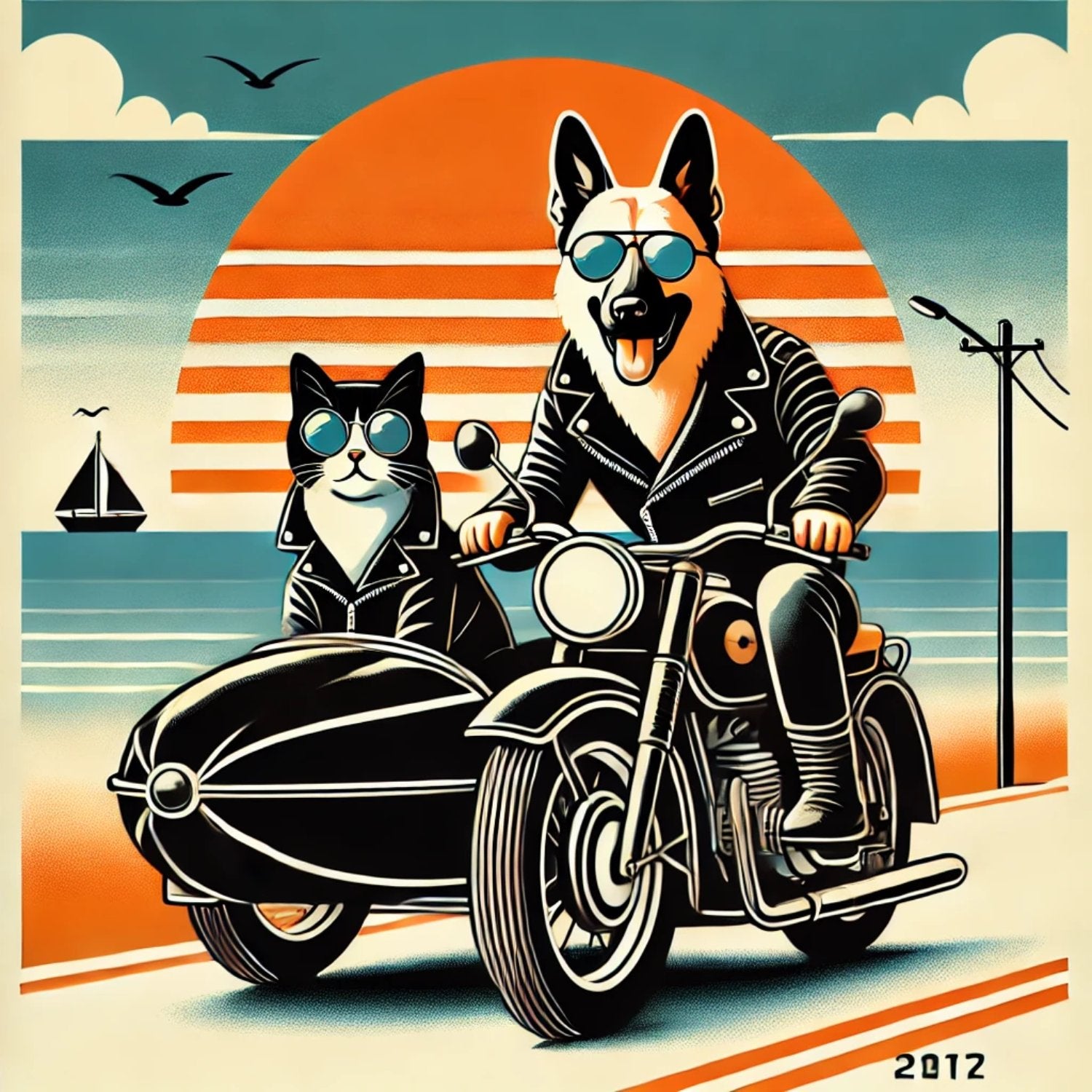 Rebel Riders Digital Wall Art – Cat & Dog Biker Duo | Retro Sunset Download