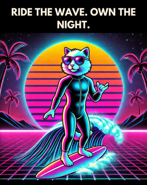 Ride the Wave, Own the Night – Neon Surfer Cat Digital Art