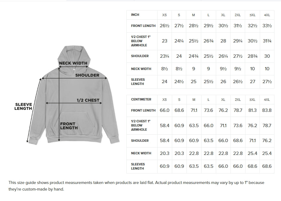 Size chart for a hoodie with measurements in inches and centimeters.