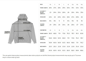 Size chart for a hoodie with measurements in inches and centimeters.
