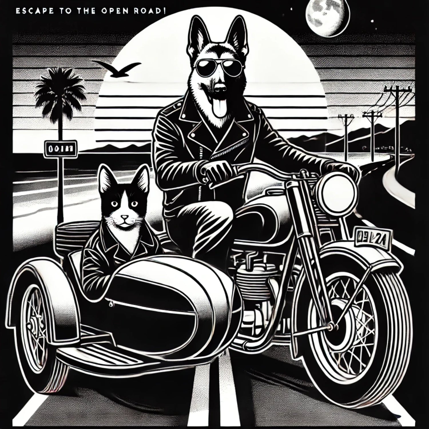 Biker Duo – Dog & Cat Sidecar Adventure | Bold Black & White Digital Download